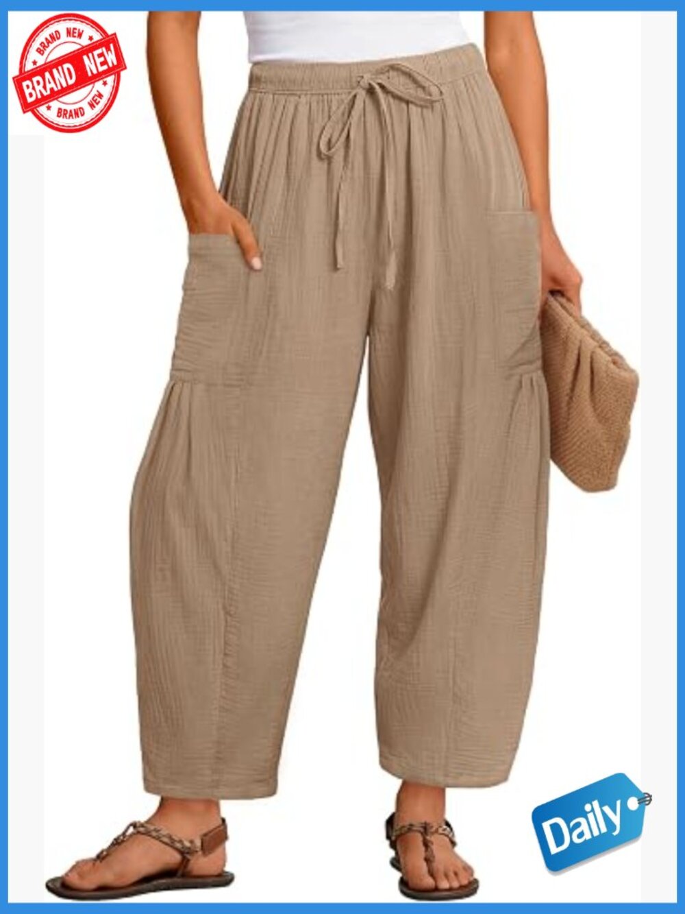 Linen Wide Leg Palazzo Pants with Pockets Elastic Drawstring Waist Summer